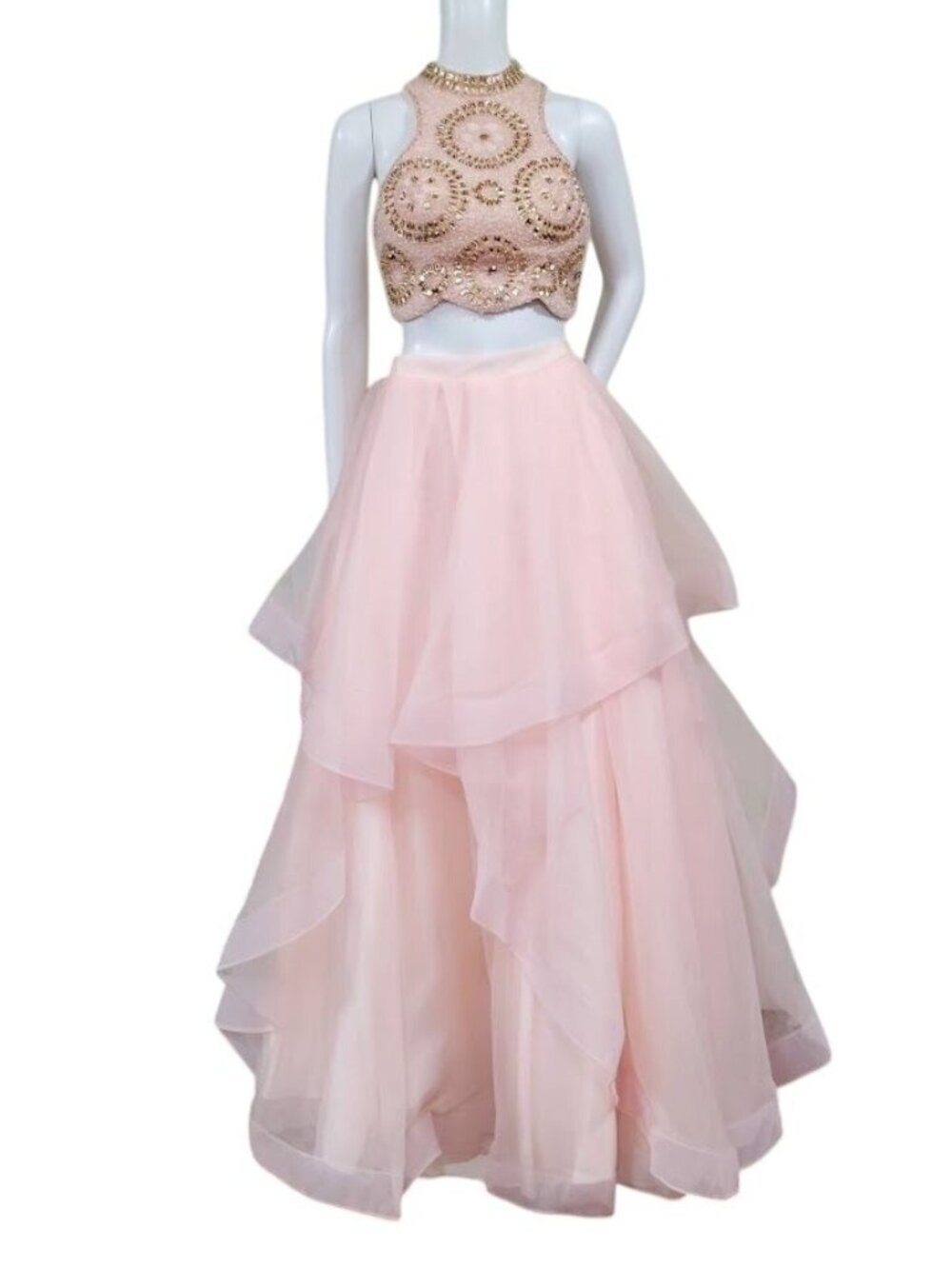 Pink  Princess Prom Dress Size XS Barbiecore Tulle Skirt Embellished Crop Top - Picture 6 of 16